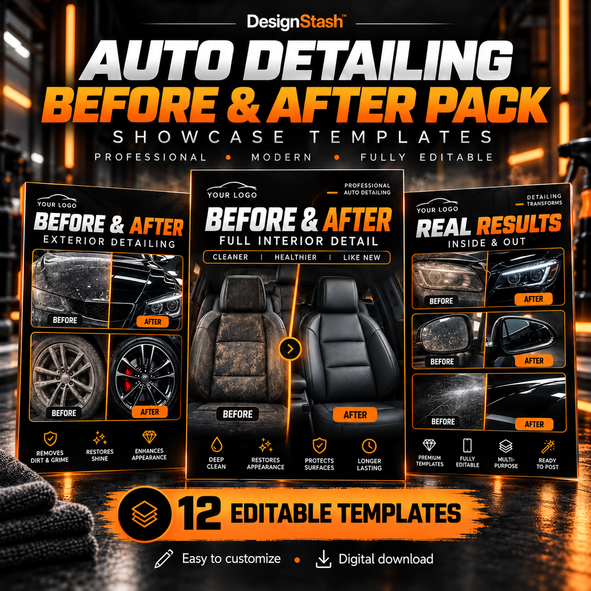 Car before and after detailing templates for transformation posts