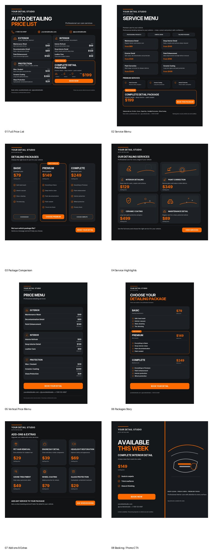 Auto Detailing Price List and Service Menu Pack – dark template previews