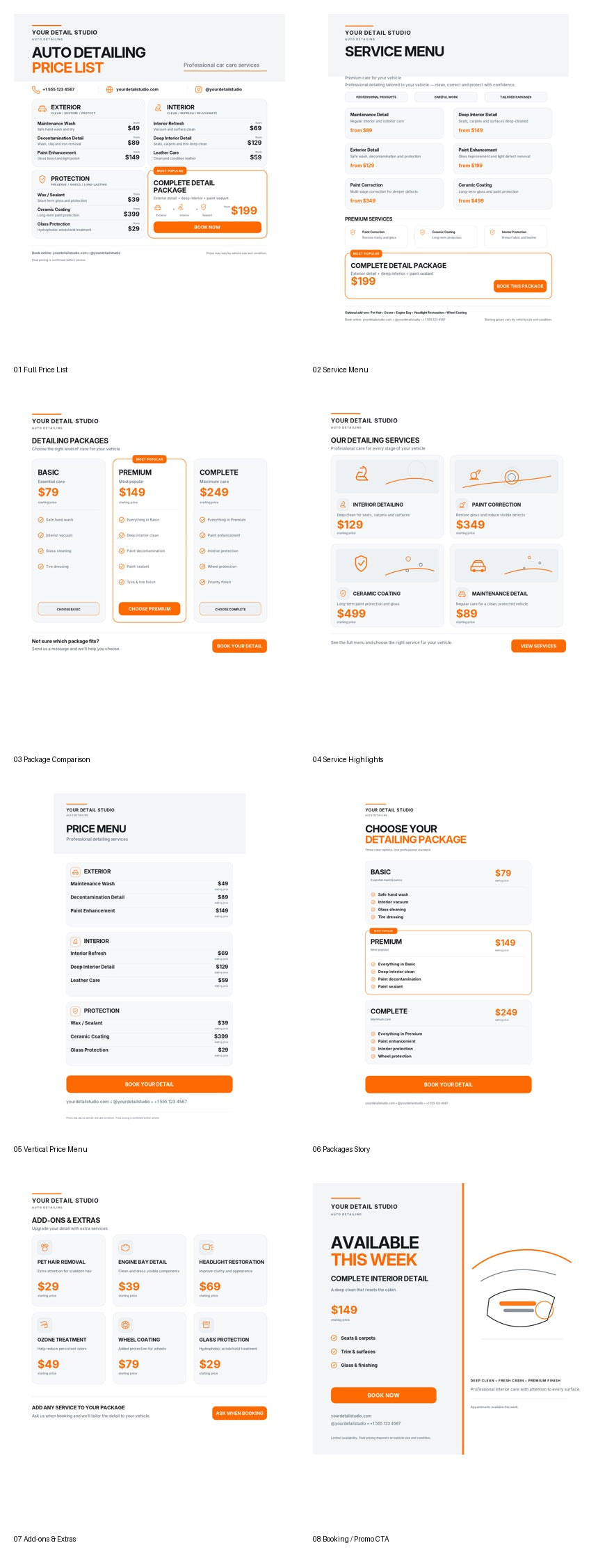 Auto Detailing Price List and Service Menu Pack – light template previews