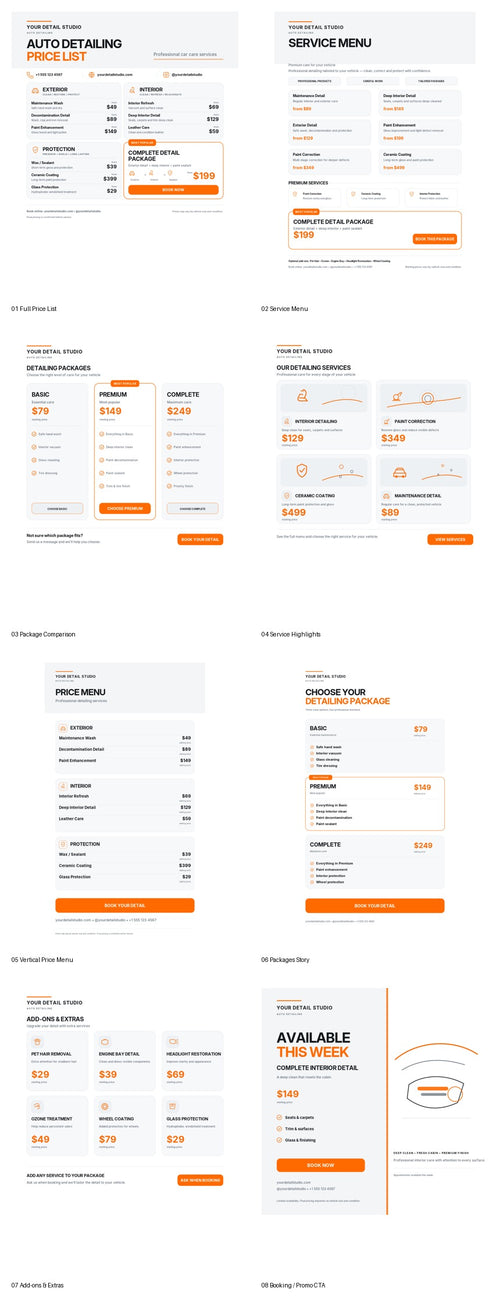 Auto Detailing Price List and Service Menu Pack – light template previews